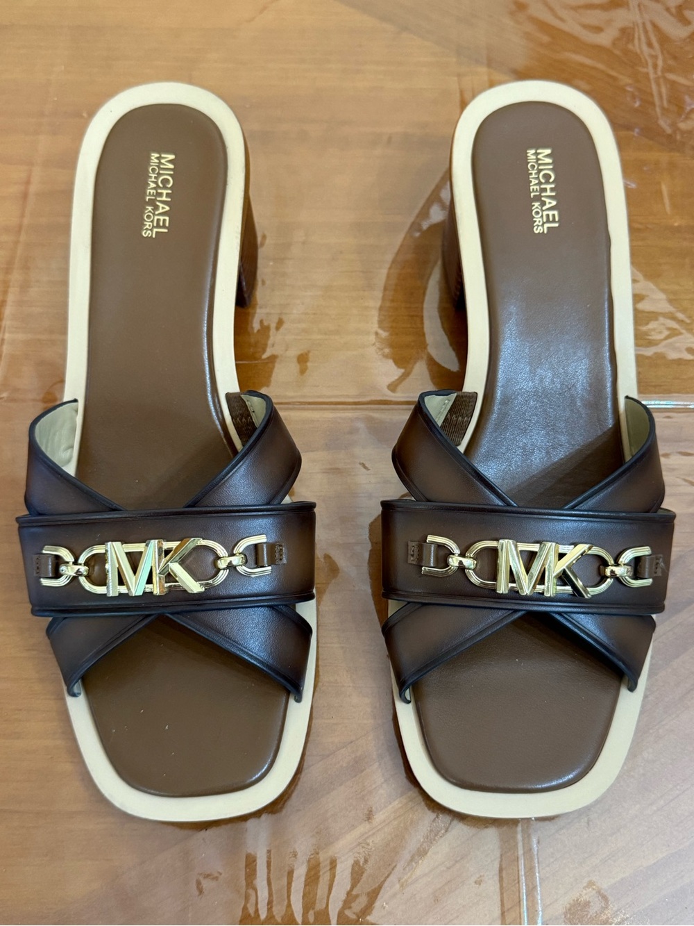 Michael Kors Chocolate Brown Leather Slide Mules with Gold MK Hardware